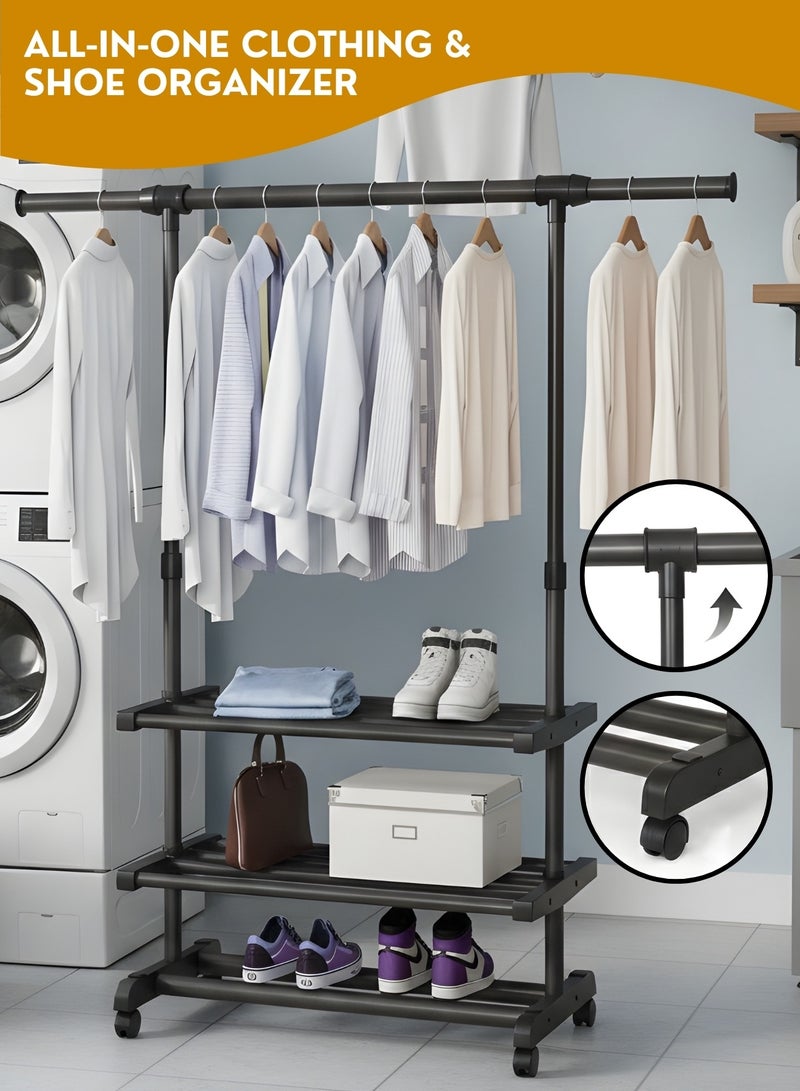 Zefzon Heavy Duty Adjustable Clothes Rack with Wheels & Storage Shelves – Metal Garment Hanging Rail Stand, Rolling Clothing Rack Organizer for Bedroom, Laundry, Boutique & Retail - Image 1